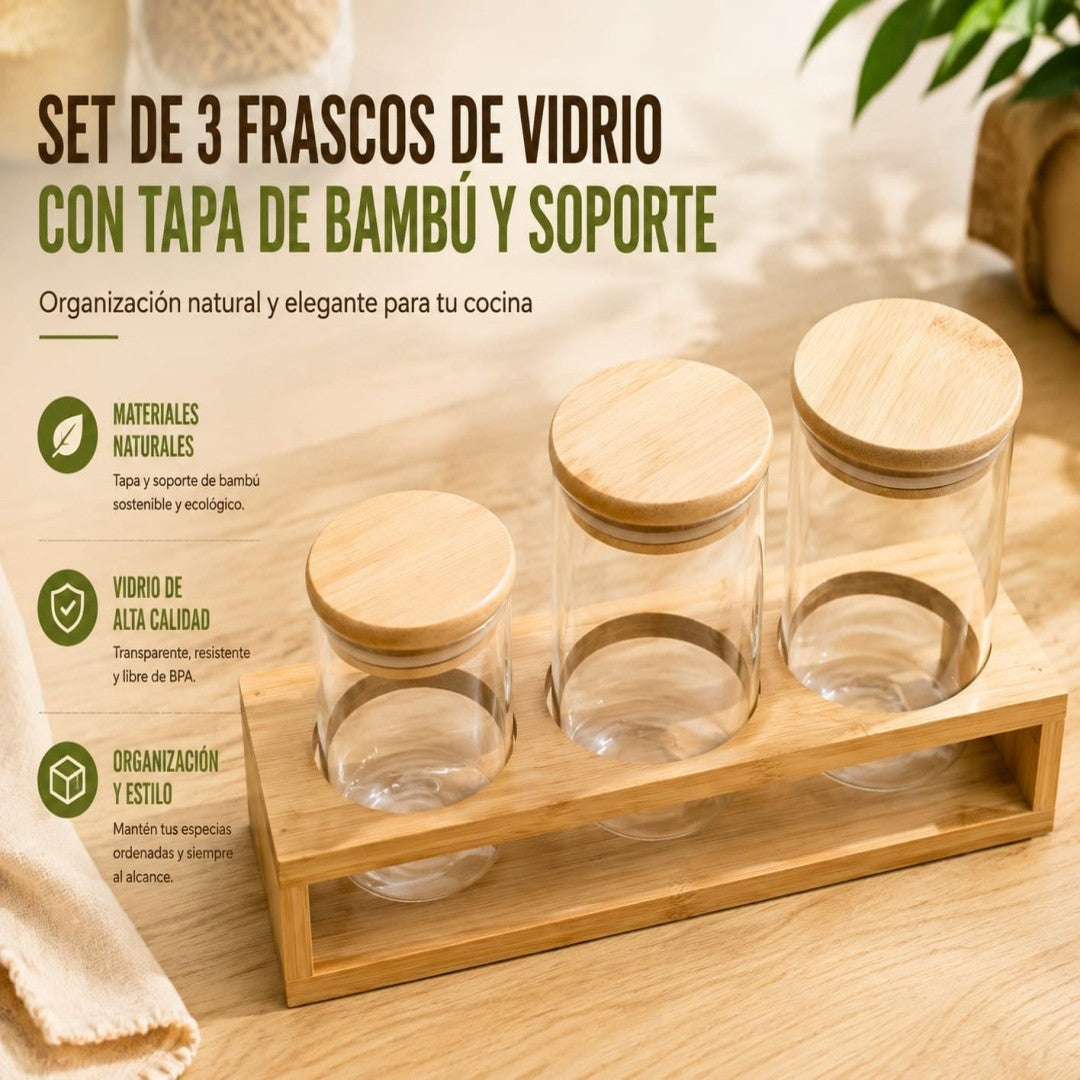 JUEGO FRASCO PARA CONDIMENTOS CON TAPA BAMBU 3PCS