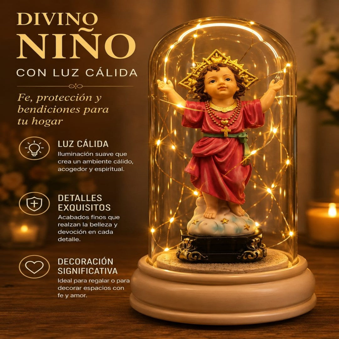 FIGURA DIVINO NINO CON CUPULA Y LUZ 11*22CM