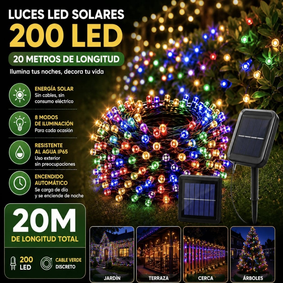 LUZ SOLAR LED 200L 20M+2M COLOR