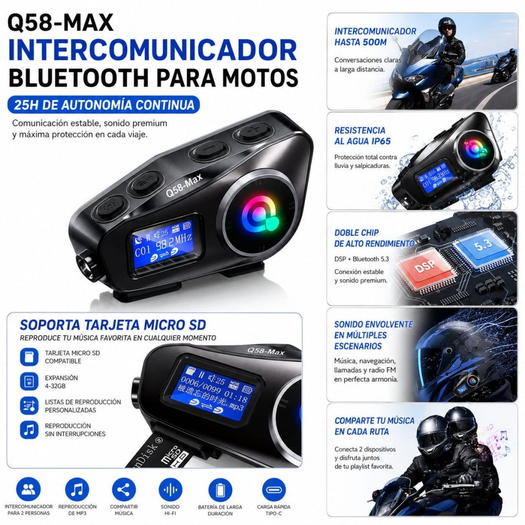 INTERCOMUNICADOR BLUETOOTH PARA CASCO MOTO Q58-MAX
