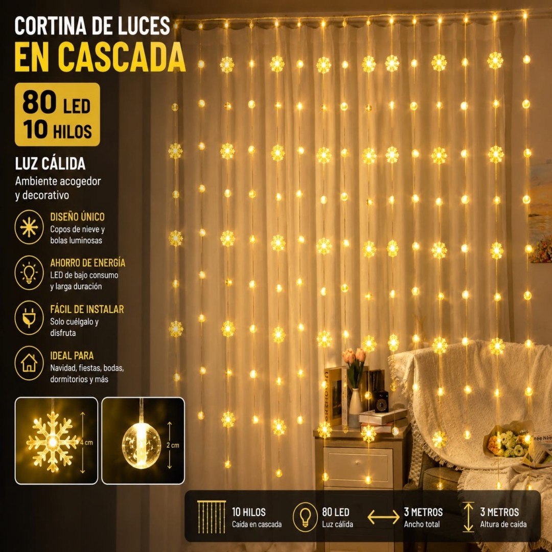 LUZ CORTINA 10TIRA NIEVE+BOLA 80L CALIDO