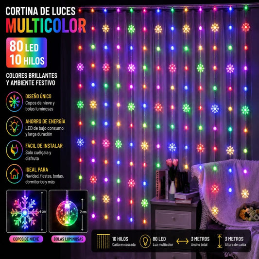 LUZ CORTINA 10TIRA NIEVE+BOLA 80L COLOR
