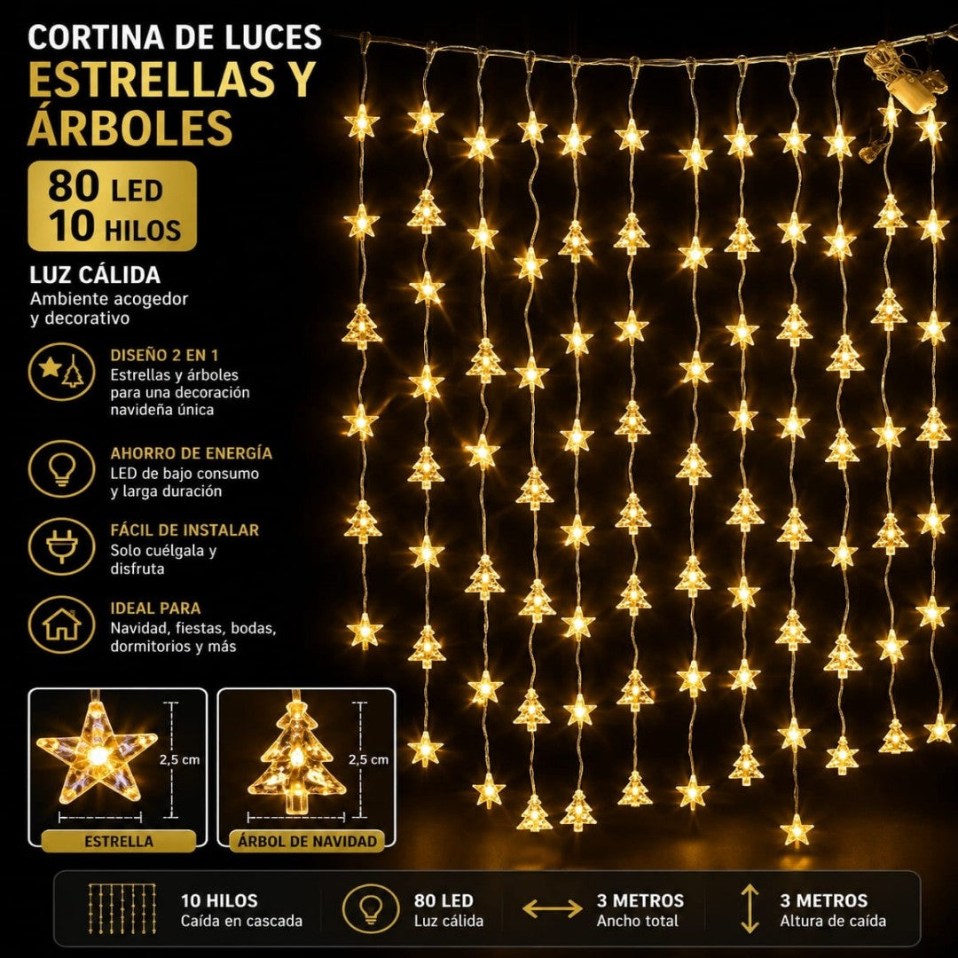LUZ CORTINA 10TIRA ESTRELLA+ARBOL 80L CALIDO