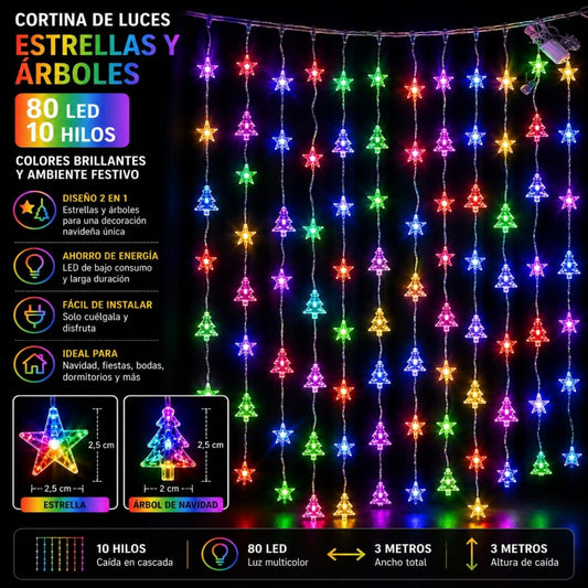 LUZ CORTINA 10TIRA ESTRELLA+ARBOL 80L COLOR