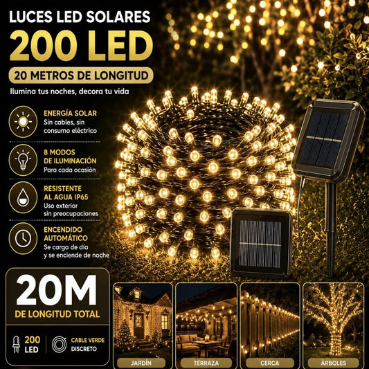 LUZ SOLAR LED 200L 20M+2M CALIDO