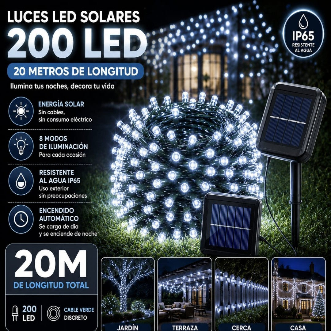 LUZ SOLAR LED 200L 20M+2M BLANCO