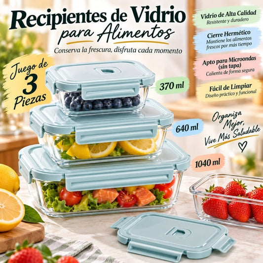 SET 3 RECIPIENTES DE VIDRIO 370ML 640ML 1040ML HL-L3CH
