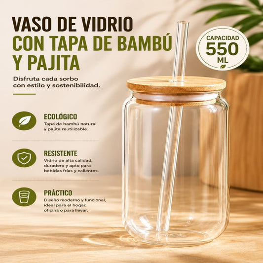 VASO DE VIDRIO CON TAPA BAMBU Y PAJILLA 550ML
