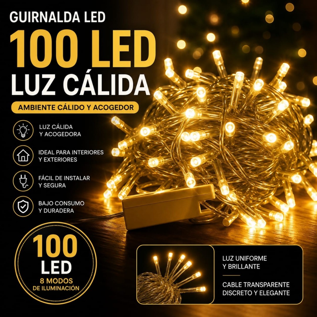 LUZ 100 LED CALIDO CABLE VERDE