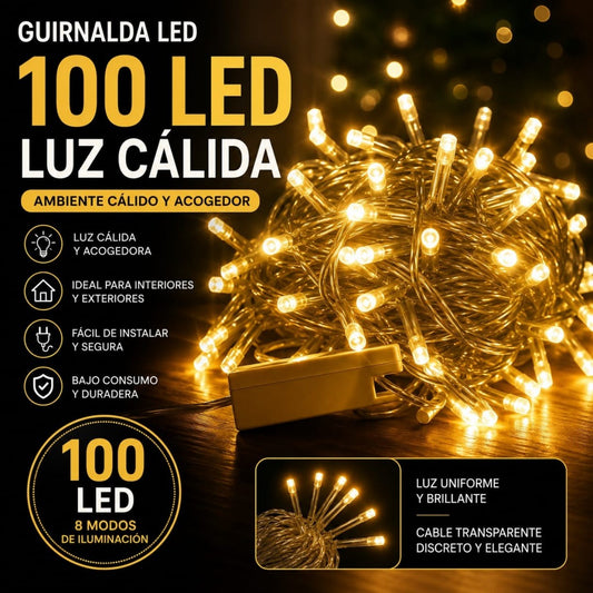 LUZ 100 LED CALIDO CABLE VERDE