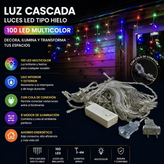 LUZ CASCADA 100LED C/EXTENSION COLOR