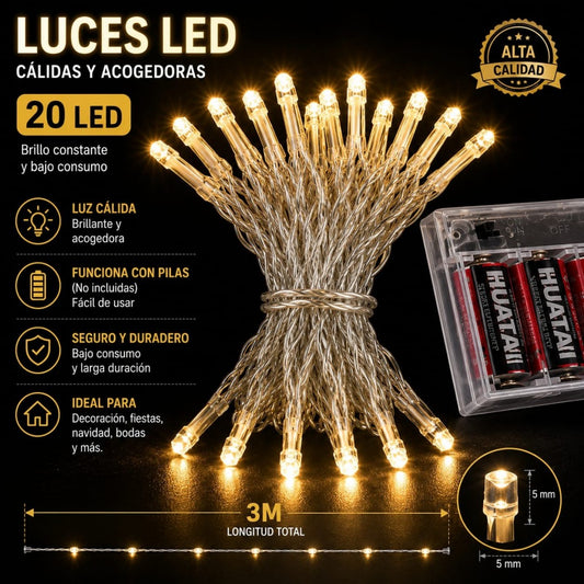 LUZ 20LED 3M 2 AA CALIDO