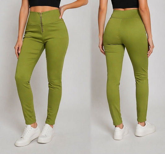 PANTALON ZIPPEL MUJER ALTA VERDE OLIVA