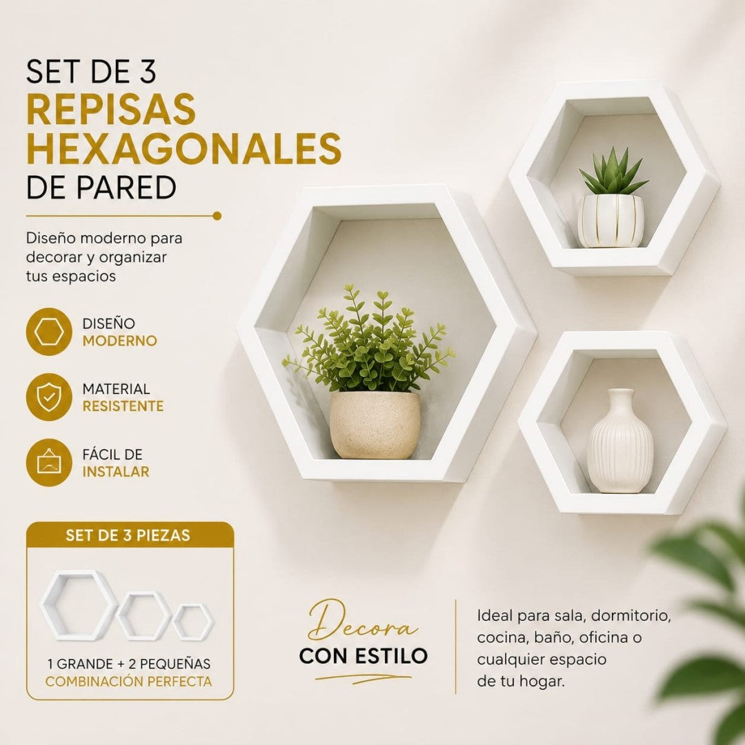 REPISA DE PARED DE MADERA 3PCS HEXAGONAL