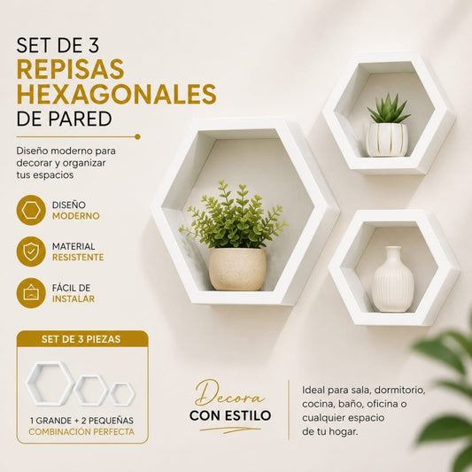 REPISA DE PARED DE MADERA 3PCS HEXAGONAL