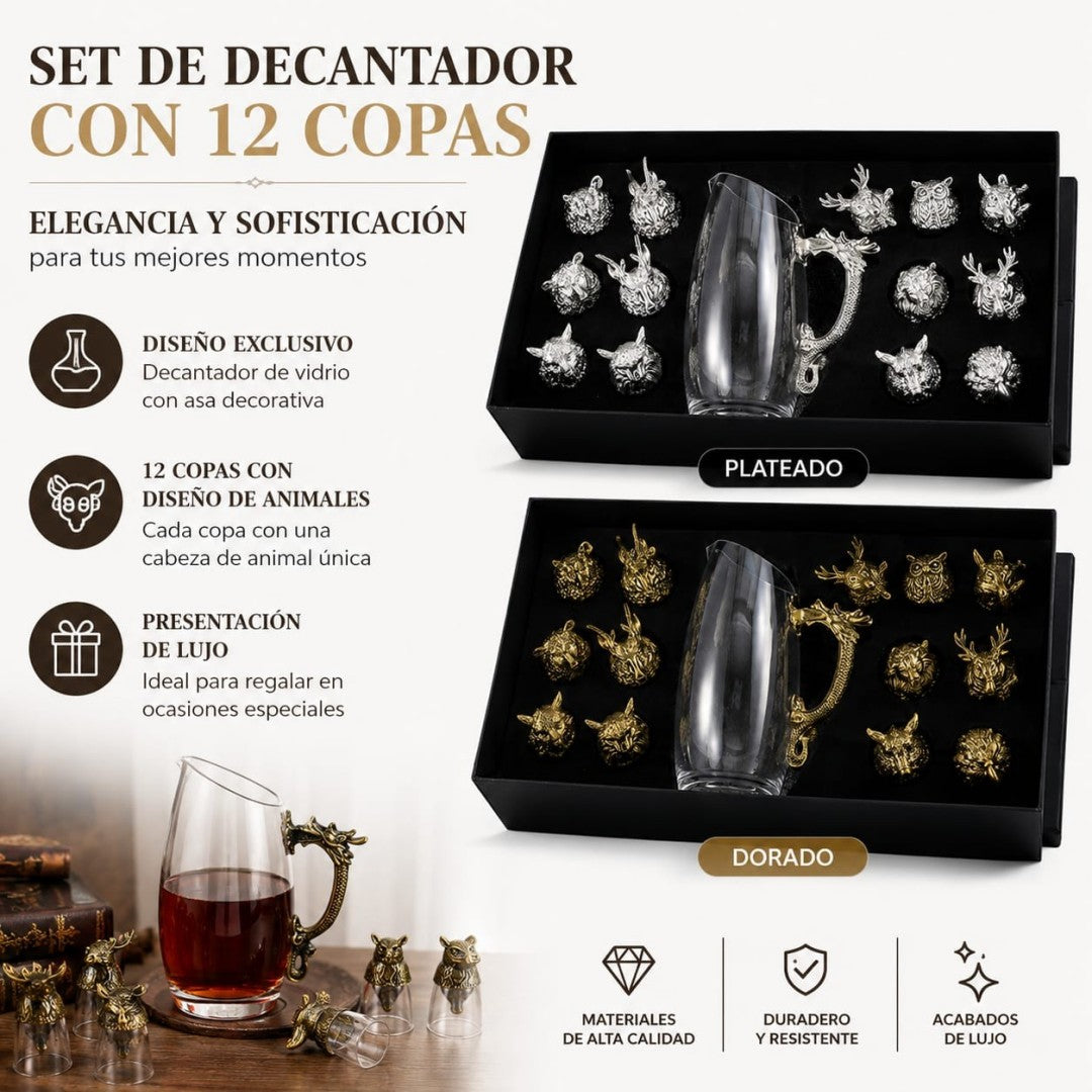 JUEGO DE DECANTADOR CON 12 VASOS TRAGO ANIMAL