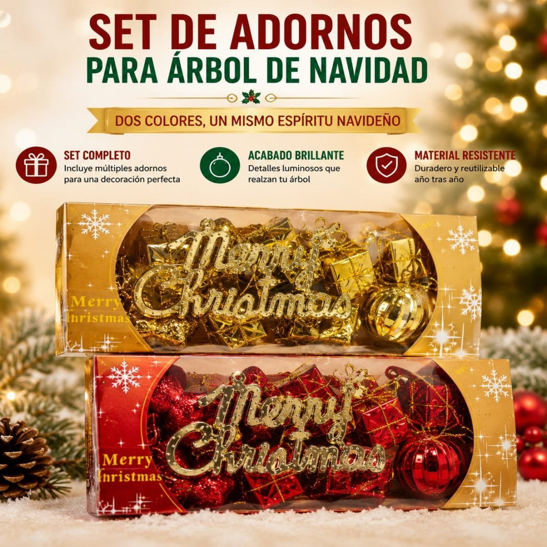 SET ADORNO PARA ARBOL BOLA Y CAJA