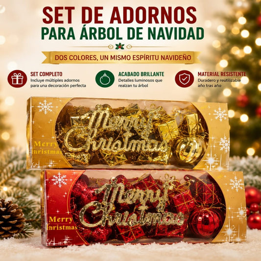 SET ADORNO PARA ARBOL BOLA Y CAJA